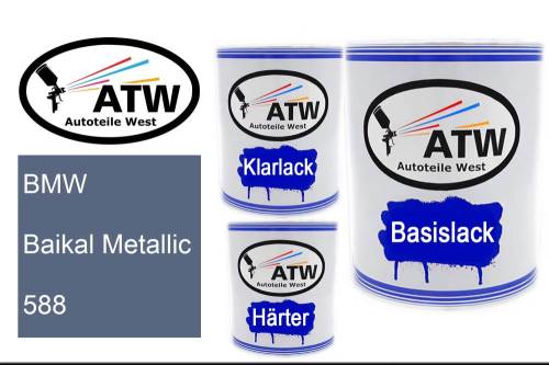 BMW, Baikal Metallic, 588: 1L Lackdose + 1L Klarlack + 500ml Härter - Set, von ATW Autoteile West.